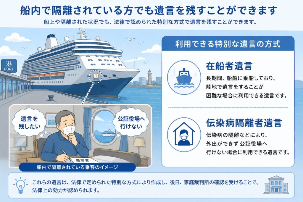大型クルーズ船内で隔離されている乗客が遺言書を前に考えている様子を描いた図解。在船者遺言と伝染病隔離者遺言の概要を紹介し、通常の方法で遺言を作成できない場合の特別方式遺言を説明している。