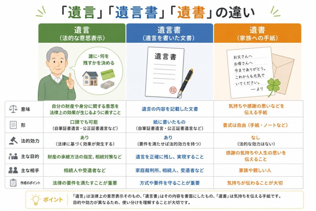 「遺言」「遺言書」「遺書」の違いを比較した図解。意味、形式、法的効力、目的などを3つに分けて整理しているインフォグラフィック。