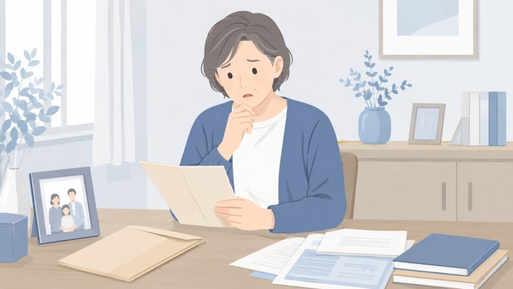 親の死後に見つかった遺言書を手に、内容を確認する中高年の相続人。不安そうな表情で書類を見つめ、机の上には封筒、家族写真、相続関係の書類が置かれている。