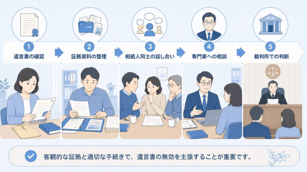 遺言書の無効を主張する流れとして、遺言書の確認、証拠資料の整理、相続人同士の話し合い、専門家への相談、裁判所での判断までを示した図解