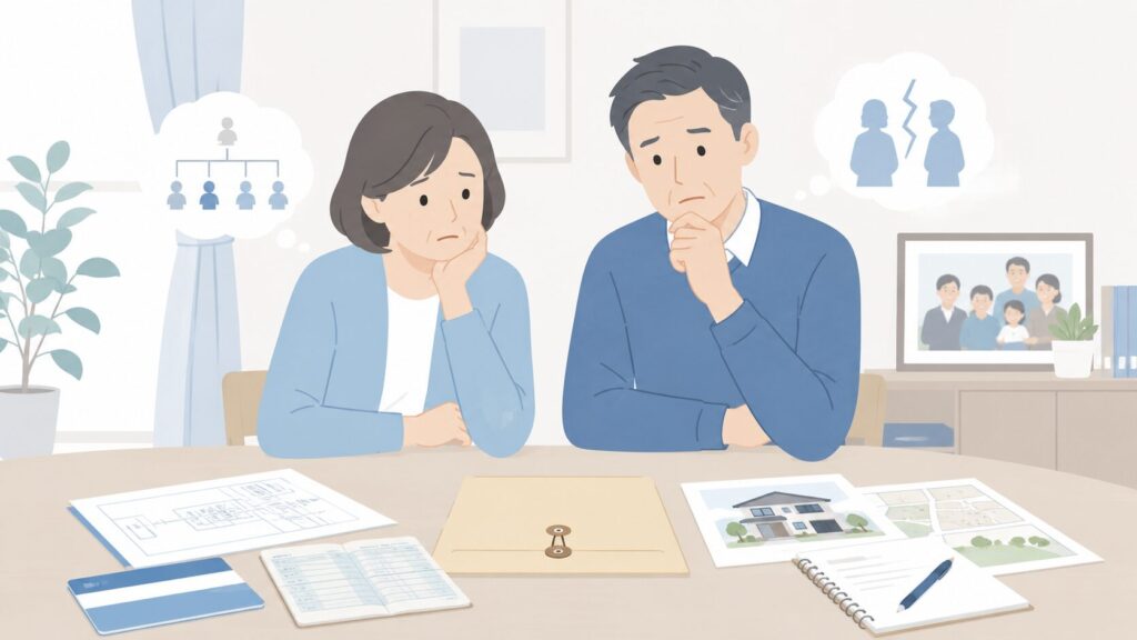 遺言書や相続資料を前に、不安そうに相続について考える中年夫婦のイラスト