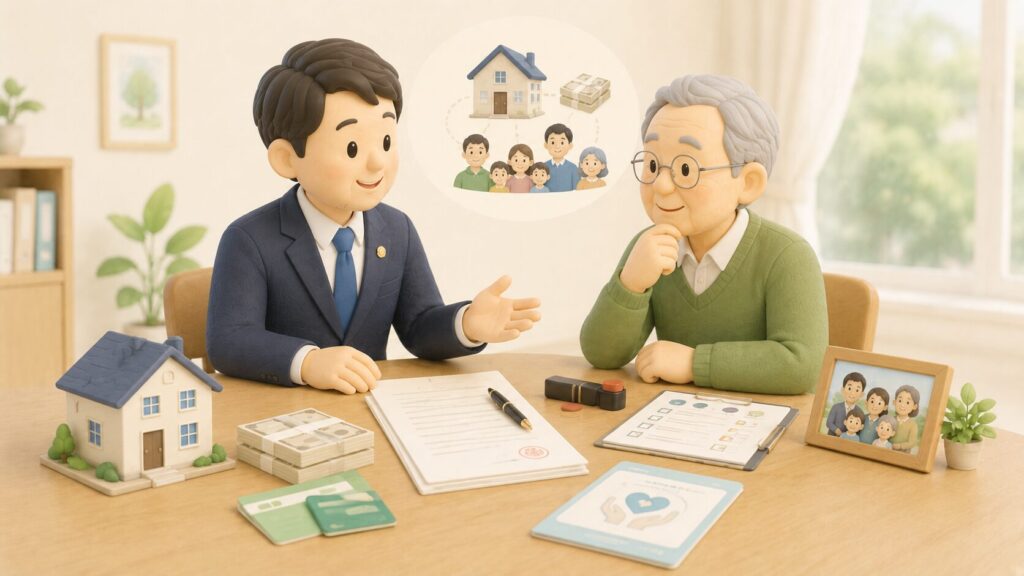 行政書士が高齢者に財産目録や家族構成を説明し、相続トラブルを防ぐために遺言書作成を相談しているイラスト