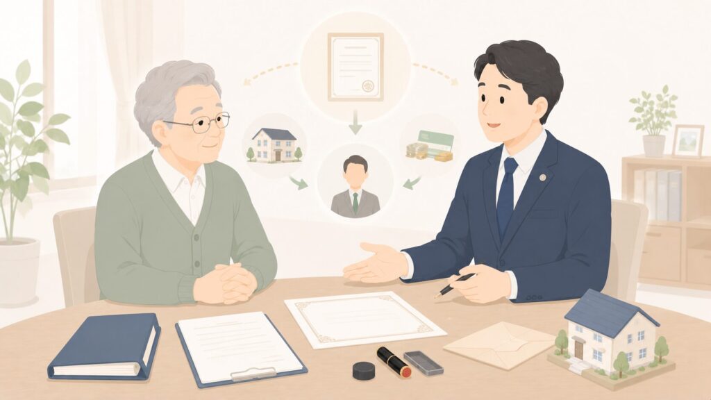 行政書士が高齢者に公正証書遺言や遺言執行者の指定について説明している遺言書作成サポートのイラスト
