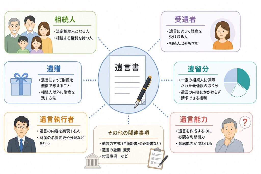 遺言書を中心に、相続人・受遺者・遺贈・遺留分・遺言執行者・遺言能力などの法律用語を整理して配置した遺言制度の全体像を示すインフォグラフィック