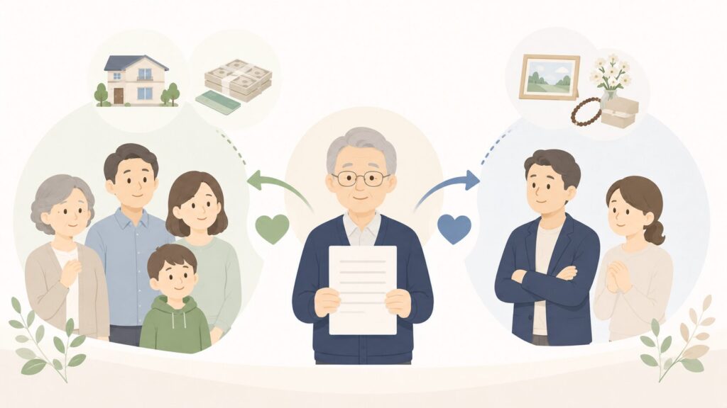 遺言書を持つ高齢者から、左側の相続人である家族と右側の相続人以外の大切な人へ財産の意思が伝わるイラスト