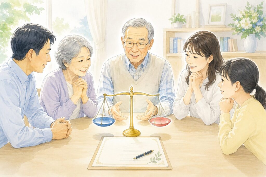 高齢者と家族が遺言書を前に話し合い、中央の天秤で遺言の有効・無効の判断を表現しているイラスト。