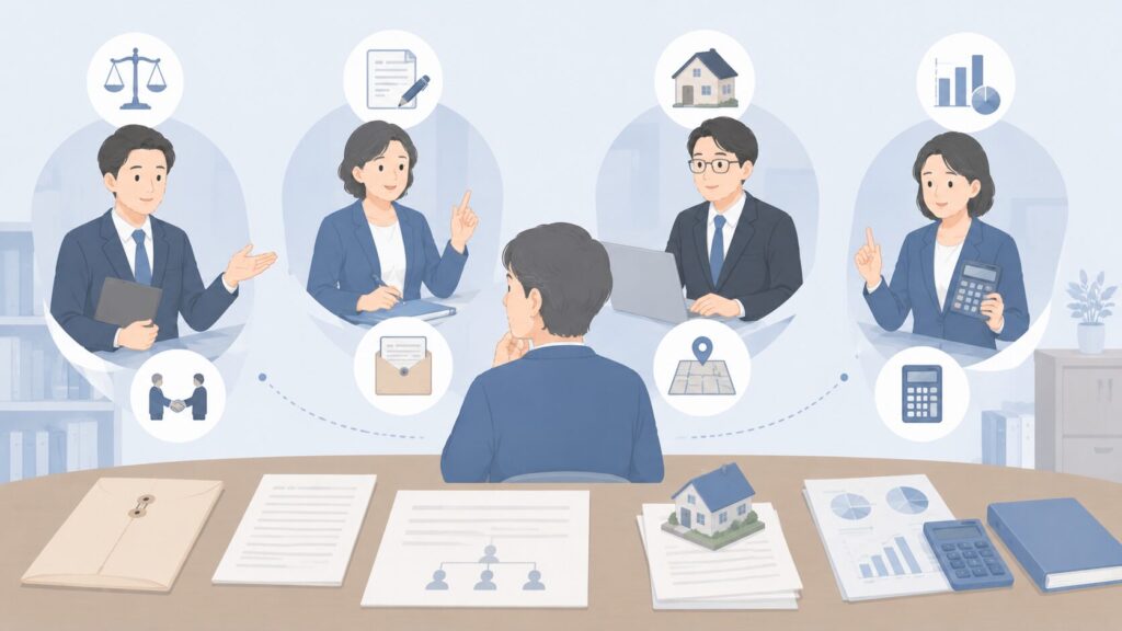 相続について相談したい人が、弁護士・行政書士・司法書士・税理士それぞれの専門家から説明を受けている様子。相続手続きの内容ごとに相談先が分かれることを表現している。