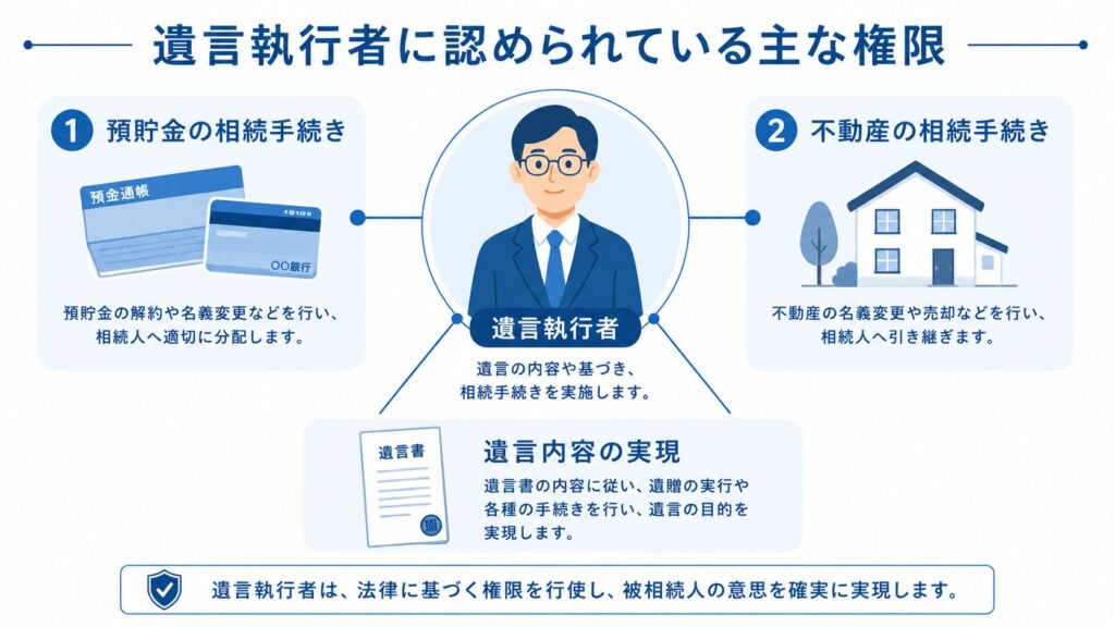 遺言執行者に認められている主な権限を説明した図解。中央に遺言執行者を配置し、周囲に「預貯金の相続手続き」「不動産の相続手続き」「遺言内容の実現」の3つの権限を配置している。通帳、住宅、遺言書のアイコンを用いて、遺言執行者が相続手続きを進める役割を視覚的に示している。
