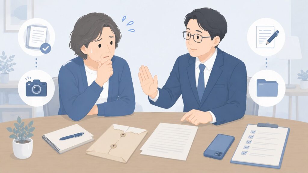 開封済みの遺言書を前に戸惑う相続人と、現状を維持して記録するよう助言する専門家。机には開封済みの封筒、遺言書、スマートフォン、チェックリストが置かれている。