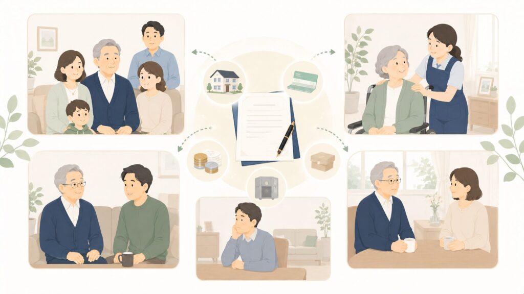 行政書士が高齢者に公正証書遺言や遺言執行者の指定について説明している遺言書作成サポートのイラスト