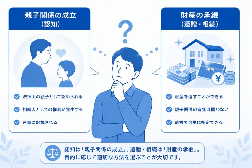 認知による親子関係の成立と、遺言による財産承継の違いについて考える人物を描いた比較イラスト