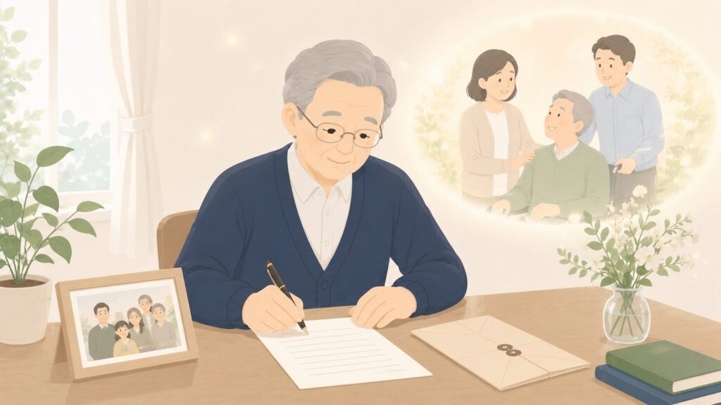 高齢男性が家族写真と遺言書の封筒のそばで手紙を書き、介護してくれた家族への感謝を表す付言事項のイラスト