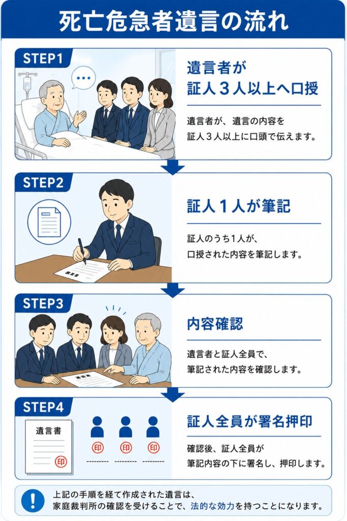 死亡危急者遺言の作成手順を4ステップで解説したフローチャート。遺言者が証人3人以上に口授し、証人による筆記、内容確認、証人全員の署名押印までの流れを示している。