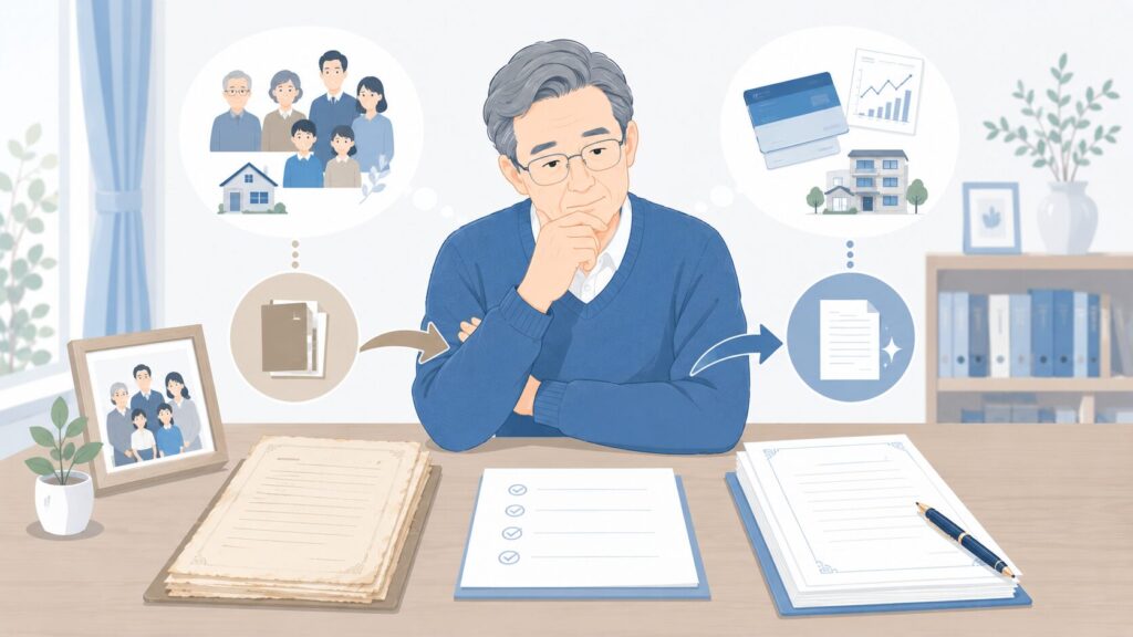 古い遺言書と新しい遺言書を並べ、高齢男性が現在の意思に合う内容へ書き直す流れを確認しているイラスト
