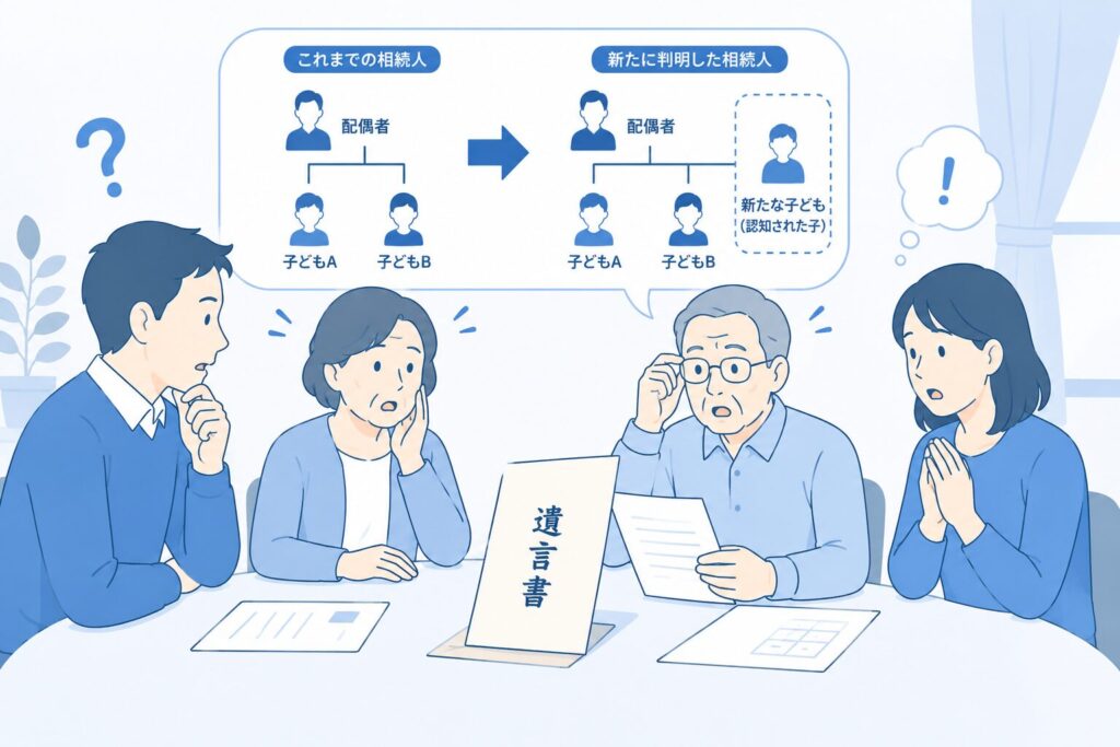 相続開始後に新たな相続人の存在が判明し、遺言書を前に家族が相続人構成の変化について話し合っているイラスト