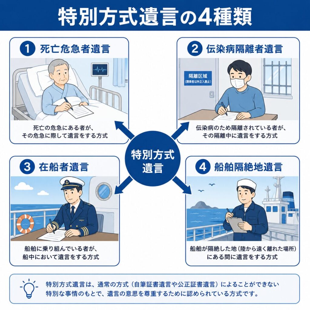 特別方式遺言の4種類を解説した図解。中央の「特別方式遺言」から、死亡危急者遺言、伝染病隔離者遺言、在船者遺言、船舶隔絶地遺言の4種類へ矢印が伸び、それぞれの利用場面をイラスト付きで紹介している。