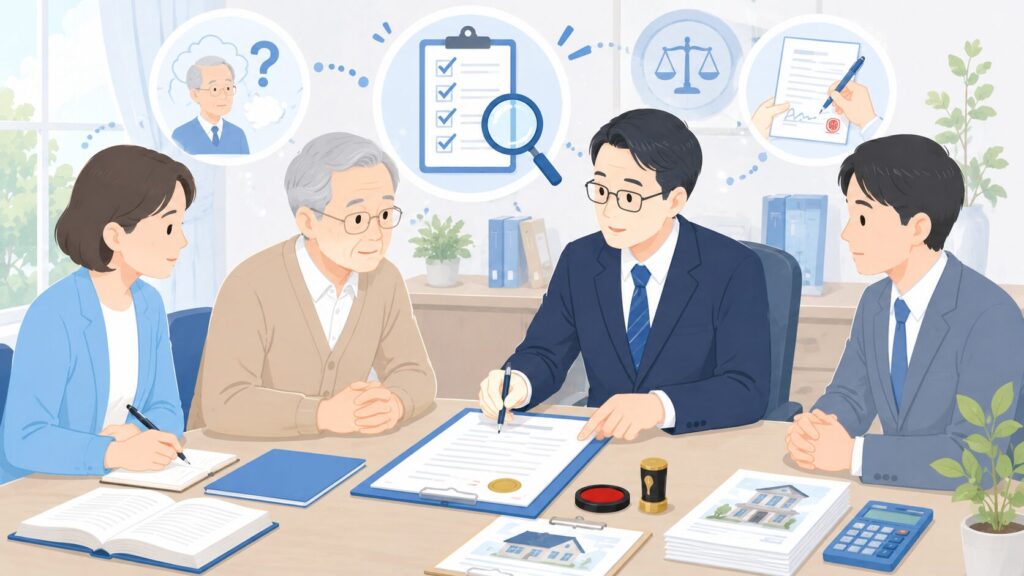 公証役場で高齢の遺言者が公証人や証人と公正証書遺言を確認しているイラスト