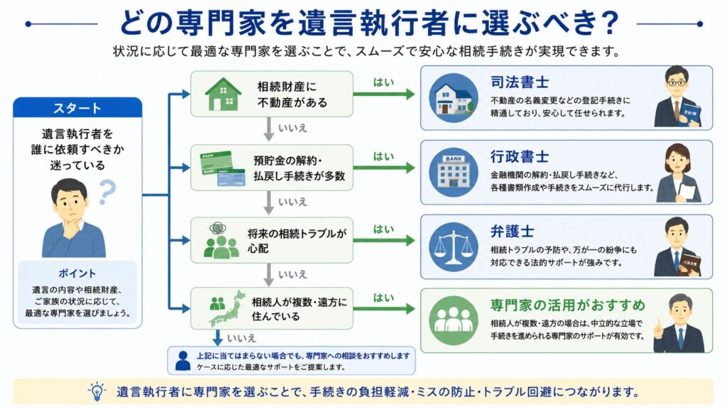 遺言執行者としてどの専門家を選ぶべきかを判断するための分岐チャート。不動産の有無、預貯金手続きの多さ、相続トラブルの可能性、相続人の状況に応じて司法書士・行政書士・弁護士などを選ぶ目安を示している。
