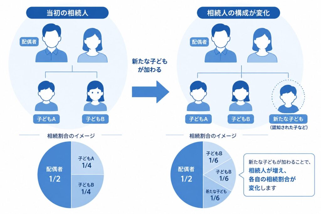 配偶者と子ども2人の相続人構成に新たな子どもが加わり、相続割合が変化する様子を示した図解