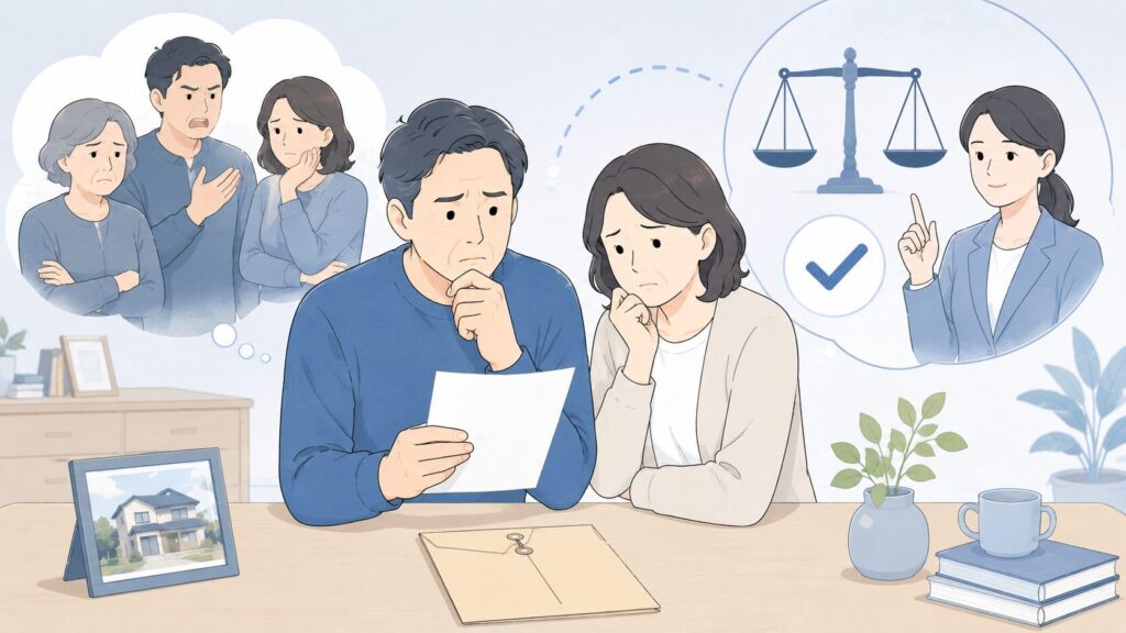 遺言書を見て困惑する相続人と、家族間の不満を法律上の判断とは分けて整理する専門家のイメージ