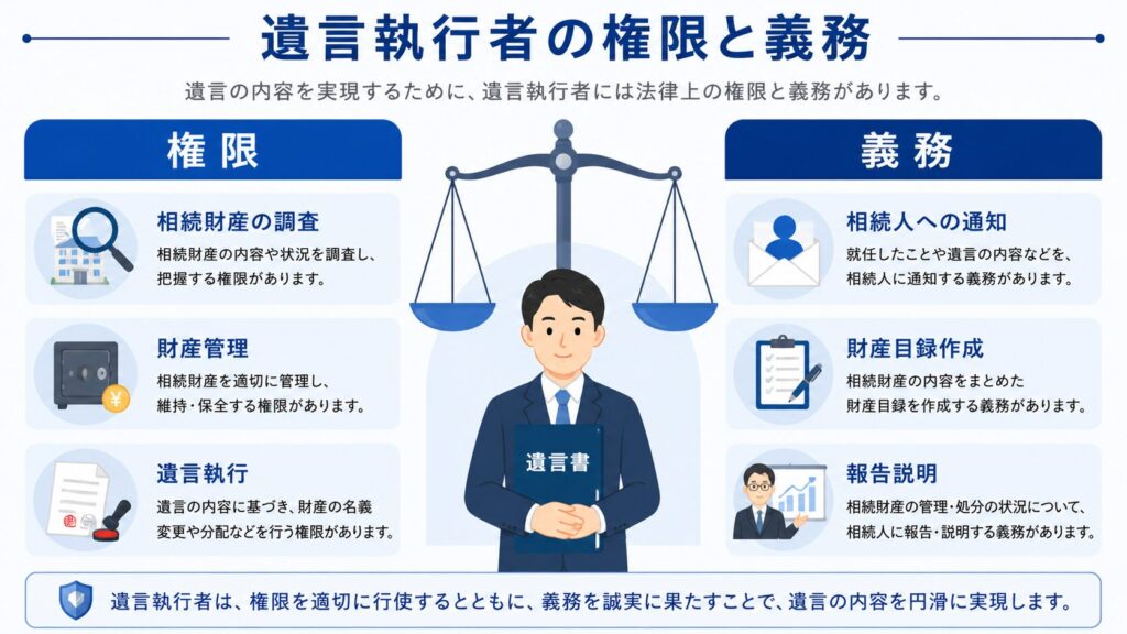 遺言執行者の権限と義務を左右に分けて比較した図解。左側に相続財産の調査・財産管理・遺言執行の権限、右側に相続人への通知・財産目録作成・報告説明の義務が示されている。