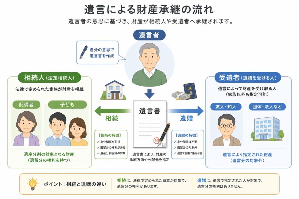 遺言者が作成した遺言書をもとに、相続人と受遺者へ財産が承継される流れを比較して示したインフォグラフィック