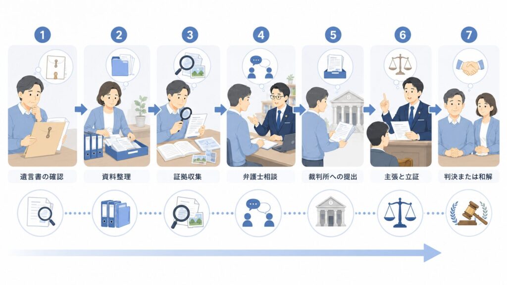 遺言無効確認訴訟の流れを、遺言書の確認から判決または和解まで順番に示したイラスト