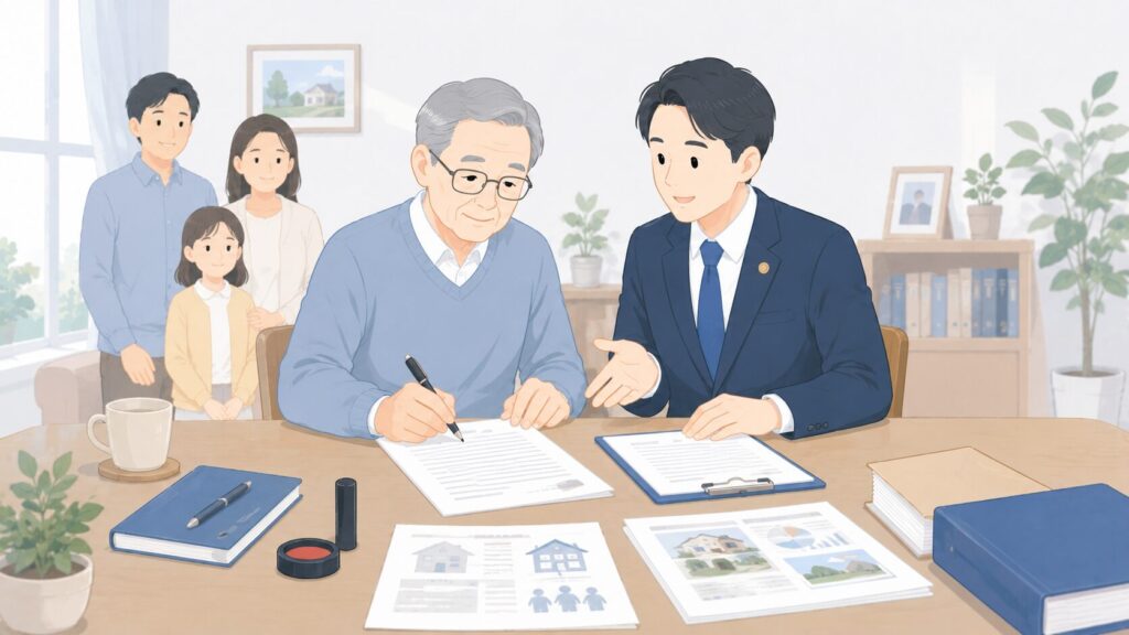 高齢の親が専門家と一緒に遺言書を作成し、家族が安心して見守っているイラスト