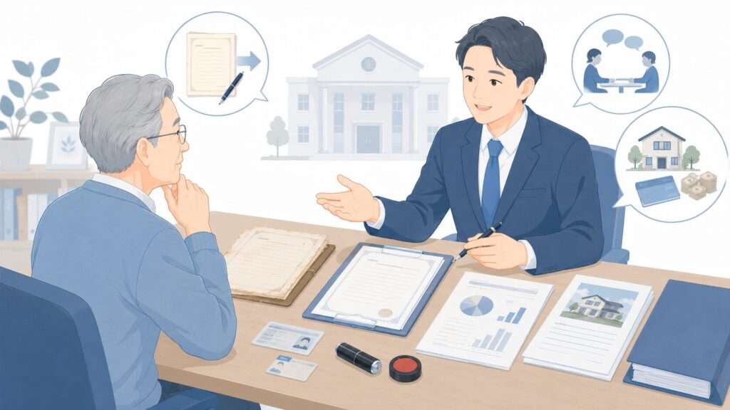 公正証書遺言の変更について、高齢男性が行政書士のような専門家に相談し、新しい遺言書の作成を進めているイラスト