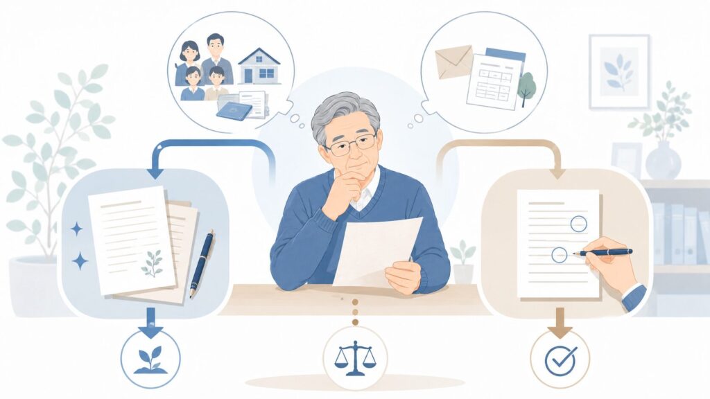 遺言書を見直す高齢男性を中心に、書き直しと訂正の2つの選択肢に分かれる流れを示したイラスト