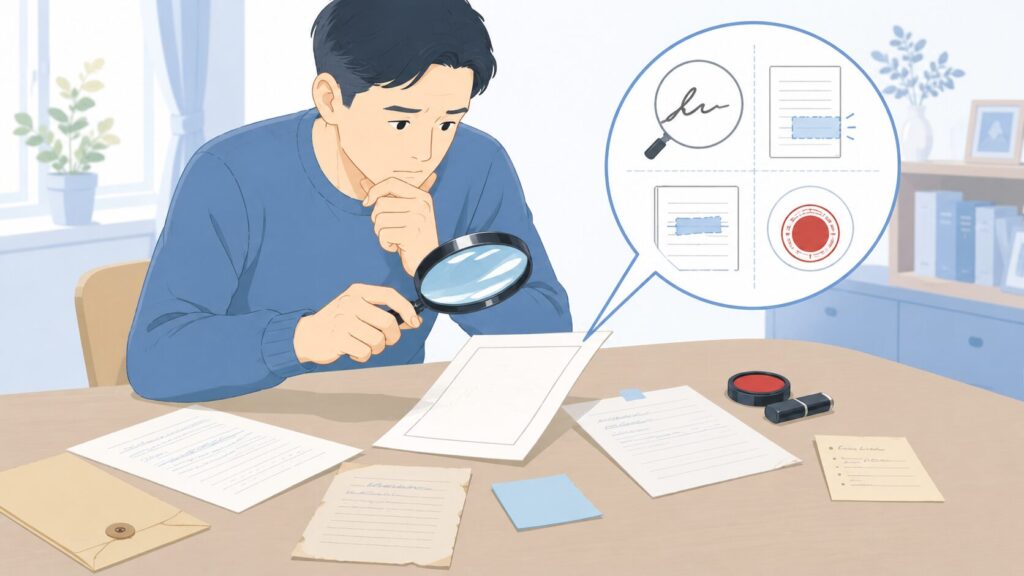 相続人が虫眼鏡を使って遺言書や関連資料を確認している様子。机の上には遺言書、過去の手紙、メモ、封筒、印鑑が並び、筆跡や訂正箇所、押印の状態を慎重に確認している場面を表現している。