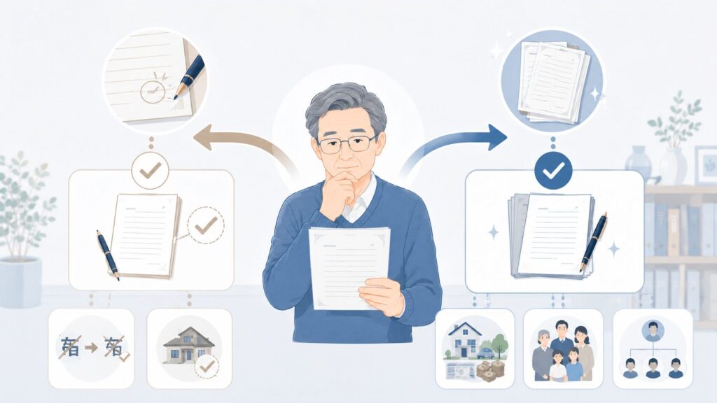 遺言書を持つ高齢男性を中心に、軽微な訂正と新しい遺言書の作成に分かれる判断の流れを示したイラスト