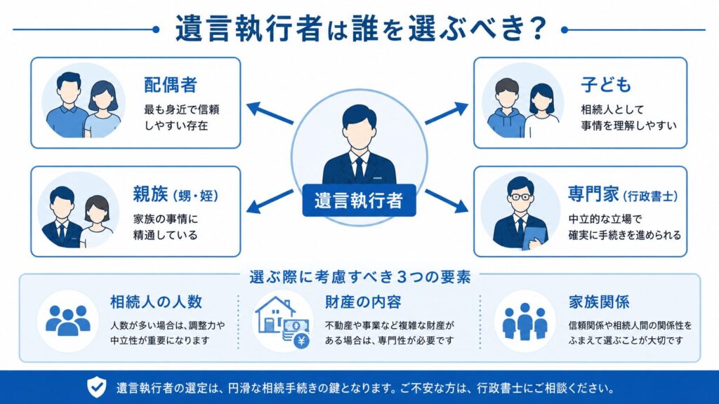 遺言執行者の選び方を解説する図解。中央の「遺言執行者」から、配偶者・子ども・親族(甥・姪)・専門家(行政書士)の4つの候補へ矢印が伸びている。下部には選定時の判断要素として「相続人の人数」「財産の内容」「家族関係」が示されている。
