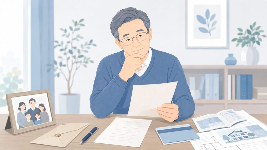 中高年の男性が、机の上に置かれた遺言書や家族写真、通帳、不動産資料を見ながら、遺言書を訂正するか書き直すか考えているイラスト