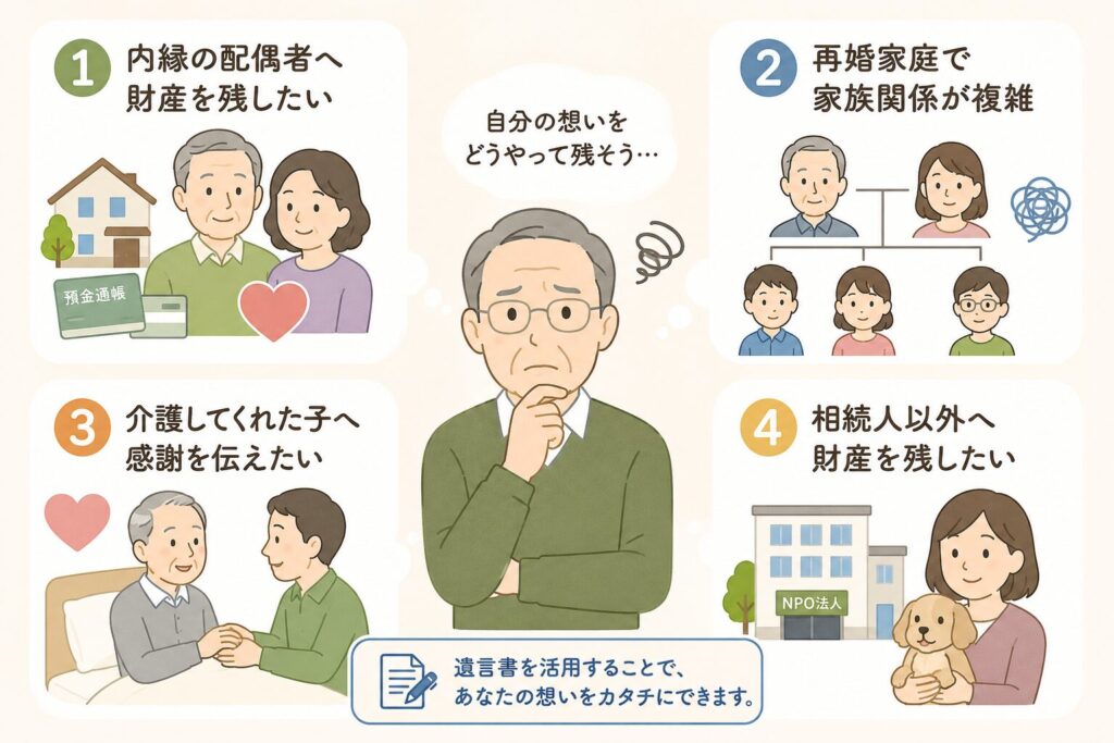 遺言書の作成を検討する高齢男性を中心に、内縁の配偶者への財産承継、再婚家庭の相続対策、介護してくれた子への感謝、相続人以外への財産承継といった遺言が必要になる代表的なケースを示したイラスト。