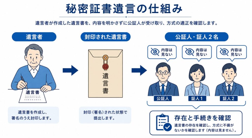 秘密証書遺言の仕組みを示した図解。遺言者が作成・封印した遺言書を公証人と証人2名へ提出し、内容を確認せずに存在と手続きのみを確認する流れを説明している。
