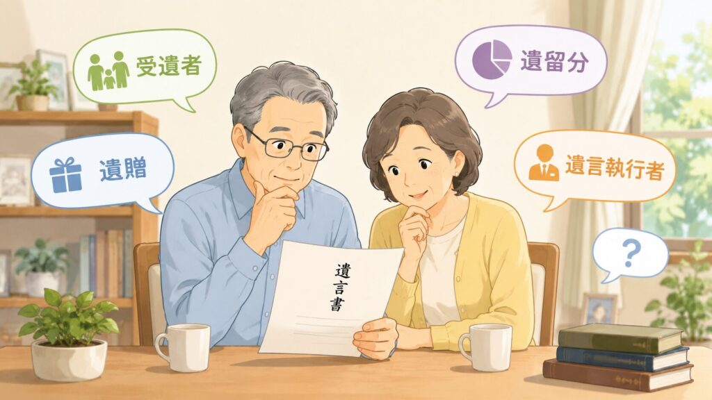 遺言書を読みながら、受遺者や遺贈、遺留分、遺言執行者などの法律用語について学んでいる高齢夫婦を描いたイラスト