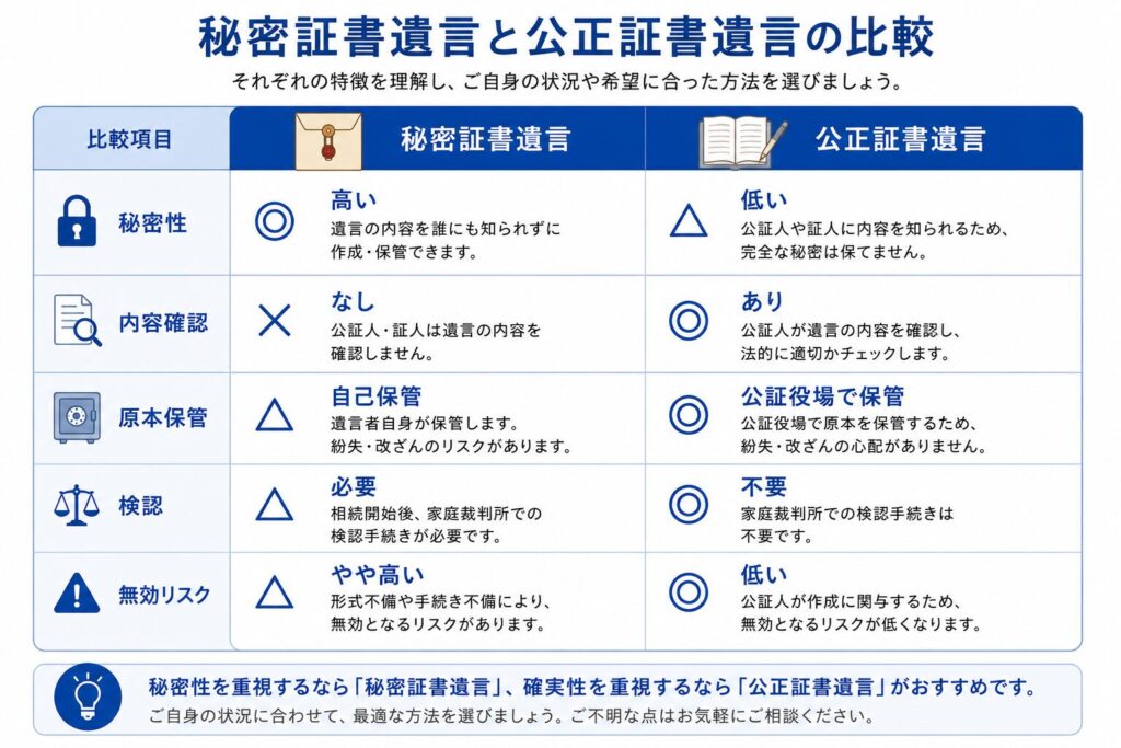秘密証書遺言と公正証書遺言の違いを比較した表形式の図解。秘密性、内容確認、原本保管、検認、無効リスクの5項目について、それぞれの特徴を分かりやすく示している。