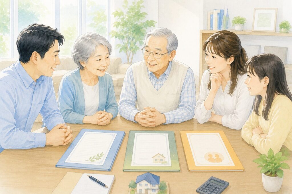 高齢夫婦と家族が、遺言書・家族信託・成年後見を象徴する書類を前に、将来の生活設計や財産管理について話し合っているイラスト。