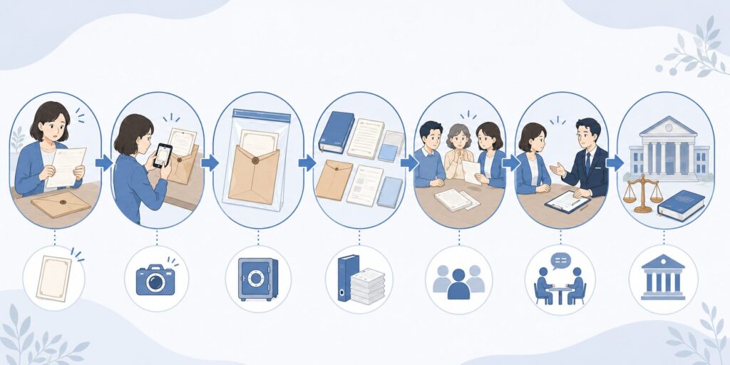 遺言書が勝手に作成された疑いがある場合の対応手順を示したフローチャートイラスト。遺言書の発見から、発見状況の記録、原本の保全、資料整理、相続人との情報共有、専門家への相談、法的手続きの検討までの流れをアイコンと矢印で表現している。