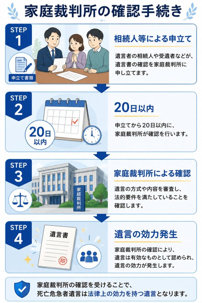 死亡危急者遺言の家庭裁判所による確認手続きを4ステップで解説したフローチャート。相続人等による申立てから、20日以内の確認、家庭裁判所による審査を経て、遺言の効力が発生するまでの流れを示している。