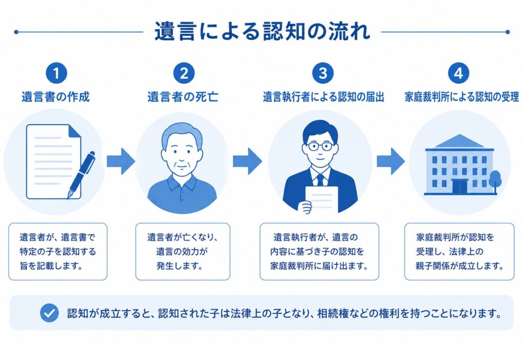 遺言書による認知の手続きの流れを、遺言書作成から認知届提出、法律上の親子関係成立まで示した図解