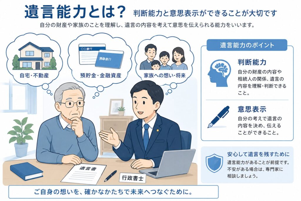 高齢者が遺言書を前に財産や家族について考えながら、行政書士から遺言能力の説明を受けているイラスト。家、不動産、預貯金、家族のアイコンが表示され、判断能力と意思表示の重要性を表現している。