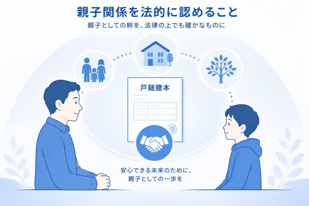 向かい合う親子と戸籍のアイコンを用いて、認知による法律上の親子関係の成立を表現したイラスト