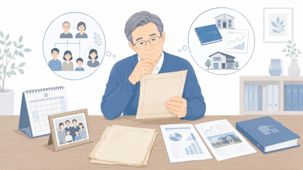 古い遺言書を持つ高齢男性が、家族構成や預貯金・証券・不動産などの財産資料と照らし合わせながら内容を見直しているイラスト