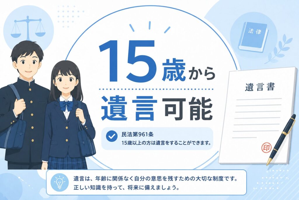 15歳から遺言を作成できることを示すイラスト。学生服姿の少年と少女、遺言書とペンが配置され、遺言可能年齢を分かりやすく説明している。