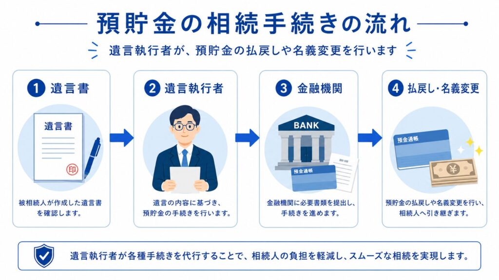 預貯金の相続手続きの流れを説明した図解。遺言書から遺言執行者、金融機関、払戻し・名義変更へと進む流れを左から右へ矢印で示している。遺言書、銀行、通帳、現金のアイコンを用いて、遺言執行者が金融機関で手続きを行い、預貯金の払戻しや名義変更を進める様子を表現している。