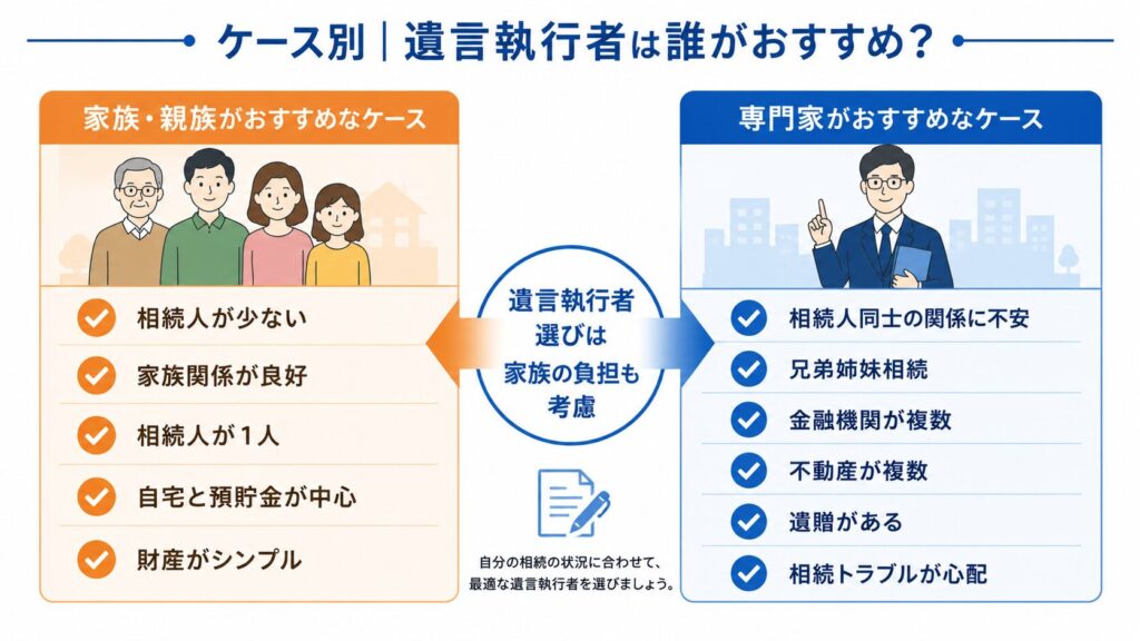 遺言執行者を家族・親族にする場合と専門家にする場合の目安を比較した図解。左側には「家族・親族を指定しやすいケース」として、相続人が少ない、家族関係が良好、相続人が1人、自宅と預貯金が中心、財産がシンプルといった条件が示されている。右側には「専門家を検討した方がよいケース」として、相続人同士の関係に不安がある、兄弟姉妹相続、金融機関や不動産が複数ある、遺贈がある、相続トラブルが心配といった条件が示されている。