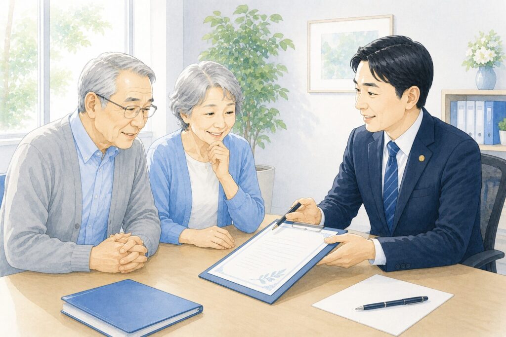 行政書士または相続専門家が、高齢夫婦に遺言書の原案を示しながら内容を説明している法律相談のイラスト。