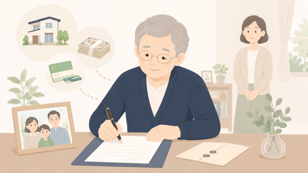 高齢男性が遺言書を書き、家族写真や封筒のそばで特定の家族に財産を残す意思を表した相続イラスト